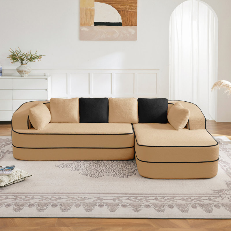 Canapé 106D de 106 po sans assemblage en tissu non assemblé, couleur contrastée, canapé moelleux et confortable avec méridienne en L, pour le salon