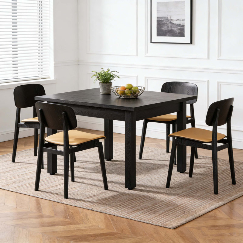 Table de salle à manger carrée avec pieds en bois massif pour la cuisine, Noir
