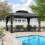 Pavillon de jardin permanent en aluminium 12 pi x 20 pi avec toit double en acier galvanisé pour terrasse et jardin, rideaux et filet inclus, gris-82941089
