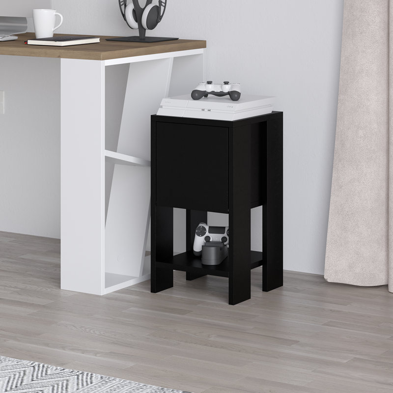 Atharv Bedside Table with Drop-Door Storage and Open Shelf for Versatile Living, Black