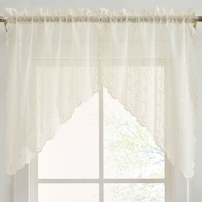Nikole Floral Rod Pocket Lace Semi Sheer Voile Short Cafe Tiers for Small Windows - 28 x 36 Inch Length - Set of 2