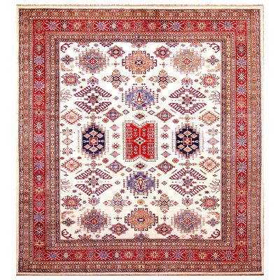 Tapis rouge / ivoire / bleu marine noué à la main de haute qualité et unique
