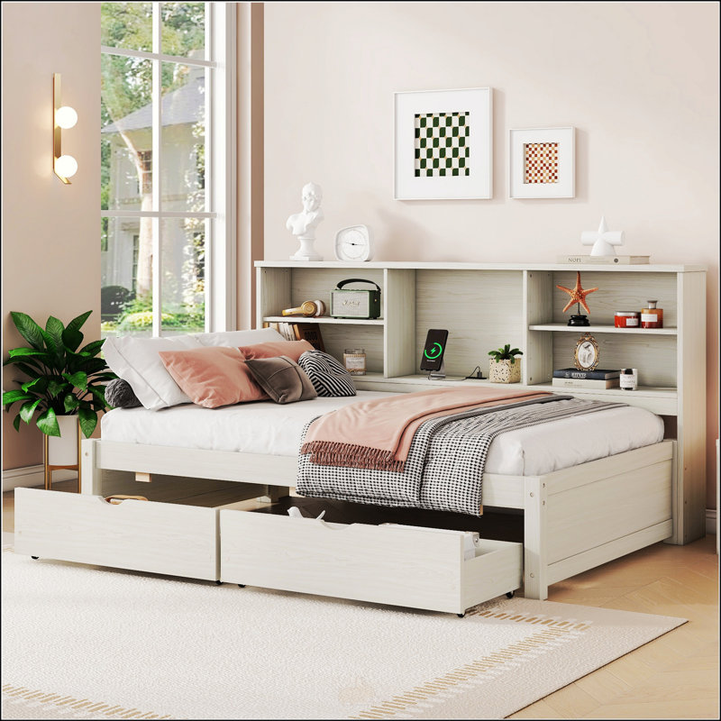 Cadre de lit simple avec tablettes latérales, Blanc crémeux