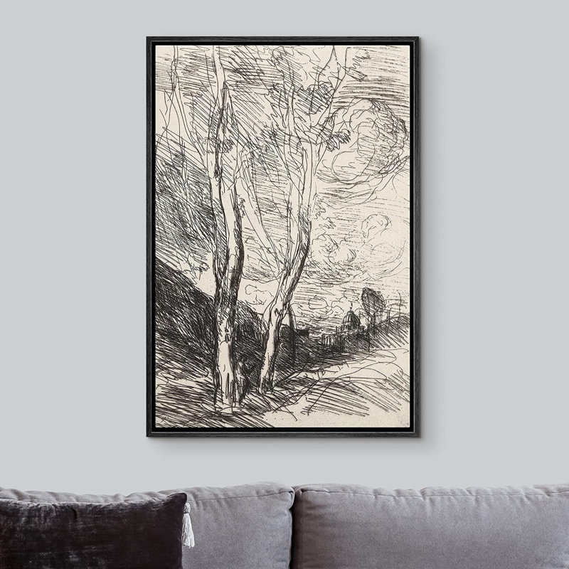 «Trees Swaying in Country Field Nature - Floater Frame», impression sur toile, H 16 po x l 24 po x P 1,5 po, Noir
