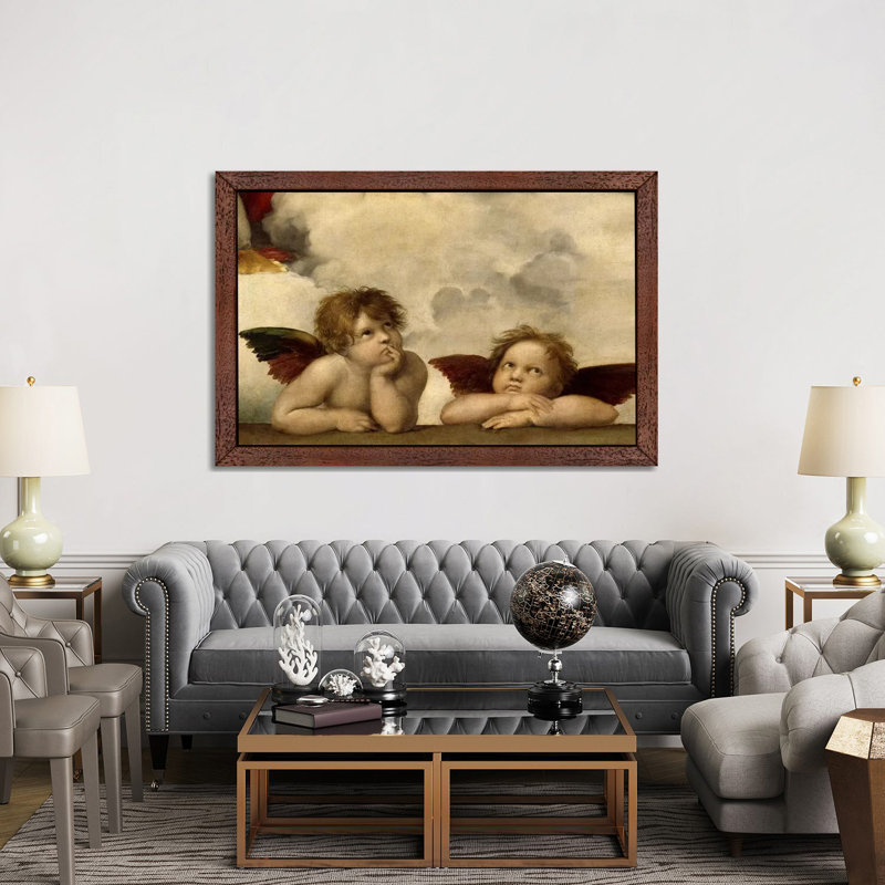 The Two Angels by Raphael - Floater Frame Painting on Canvas, 66.04 cm H x 45.72 cm W, Brown