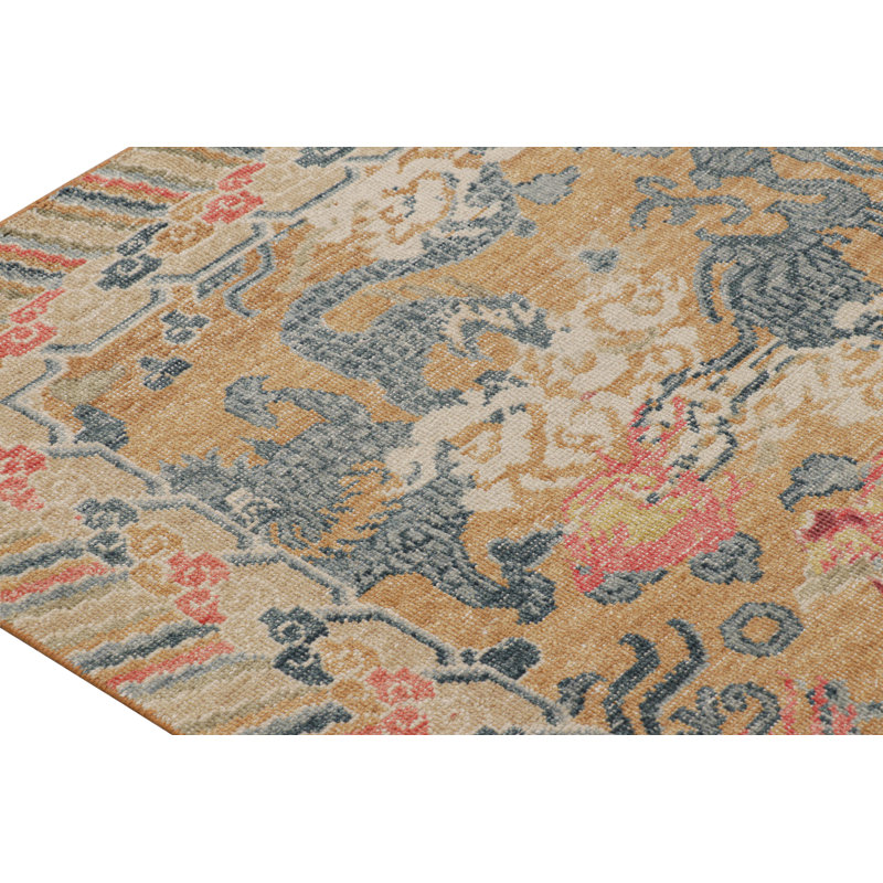Rug & Kilim’S Distressed Dragon Rug In Blue, Ochre And Red Pictorial Patterns, Rectangle 6'2" x 9'