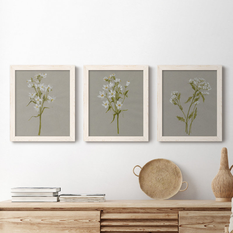 «White Field Flowers I», ensemble de 3 peintures sur toile encadrées, Blanc, H 24 po x l 36 po x P 1,5 po