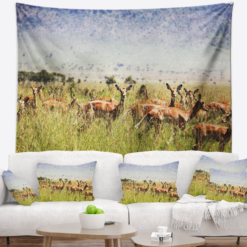 Antilope de tapisserie en gazon africain landscape, H 32 po x l 39 po