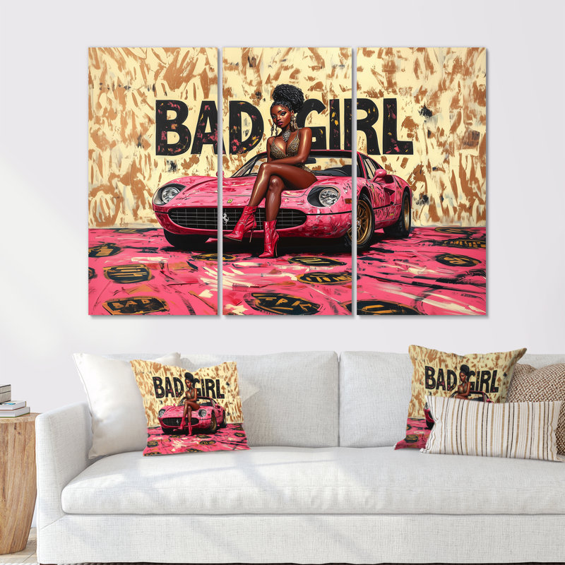 «Bad Girl On Exotic Car - Fashion Girl Power», ensemble de reproduction d'art mural, Toile tendue, H 28 po x l 36 po x P 1 po