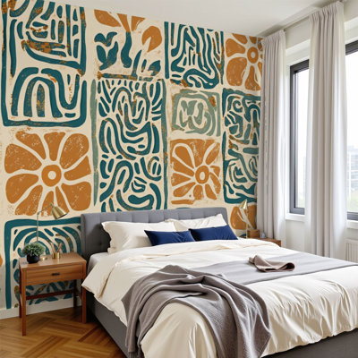 Peel and Stick Wallpaper 96" W x 69" H Modern Self Adhesive Wall Mural for Bedroom vintage abstract floral square floral
