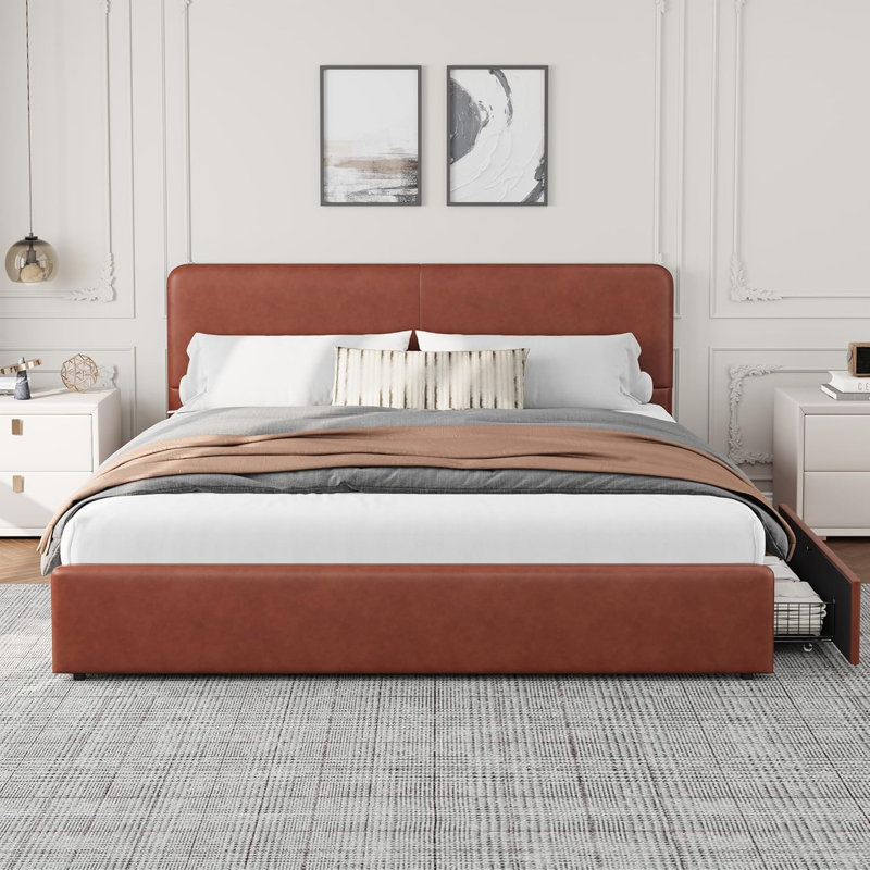 Structure de lit plateforme avec tiroirs de rangement, similicuir, Grand lit, Brun rouge