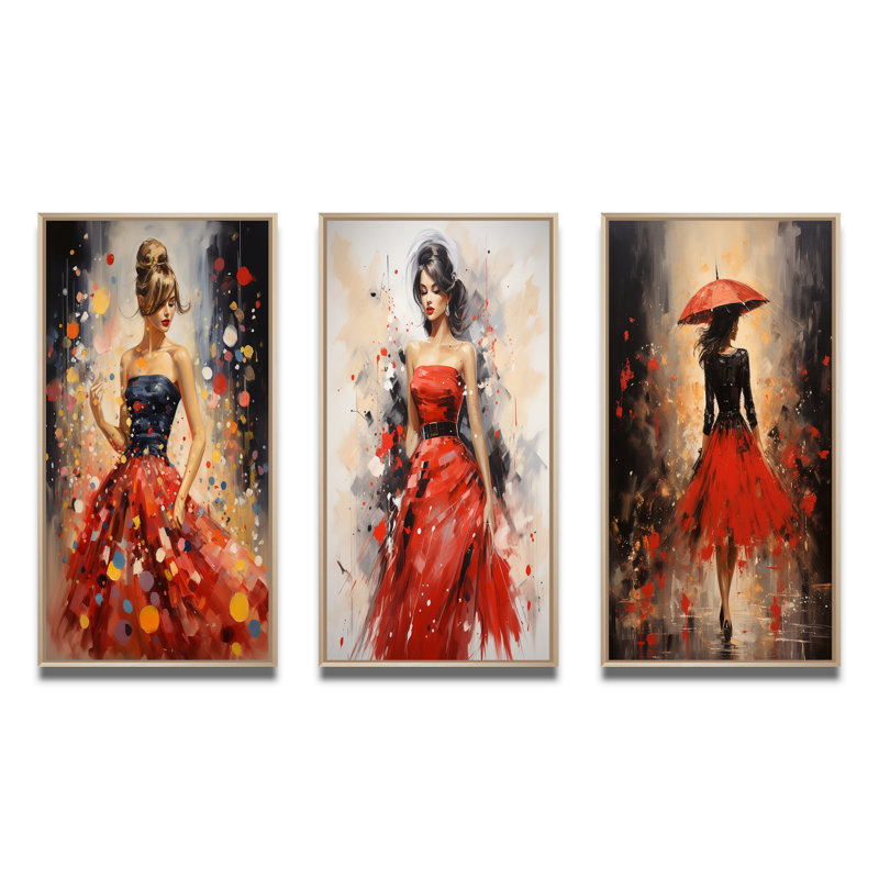 «Red Timeless Glamour Pointillism III», ensemble d'art mural tendance, H 40 po x l 60 po, Encadré naturel