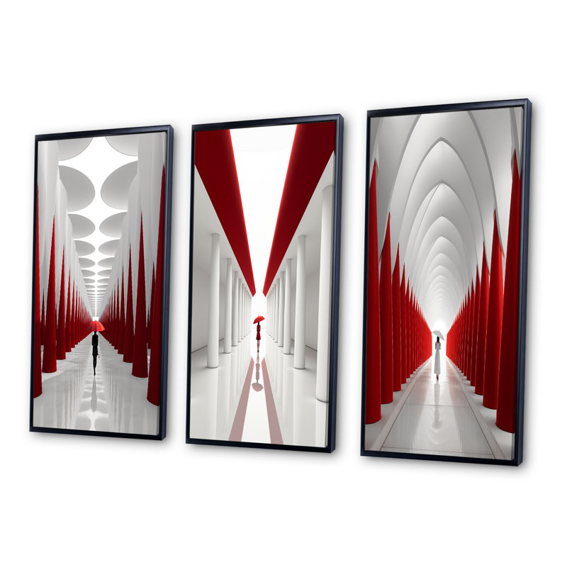 Ensemble d'art sur toile, "Red White Dream", 3 pièces - "Red White Path To The Dream", Cadre flottant noir, H 28 po x l 36 po