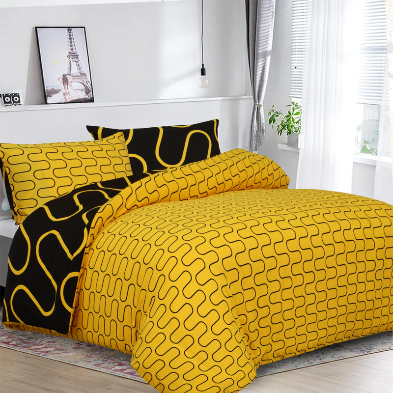 Geometric Design Modern Duvet Cover Set  With Pillow Cases, Ochre/Black, Single Duvet Cover Set + 1 Standard Pillowcase