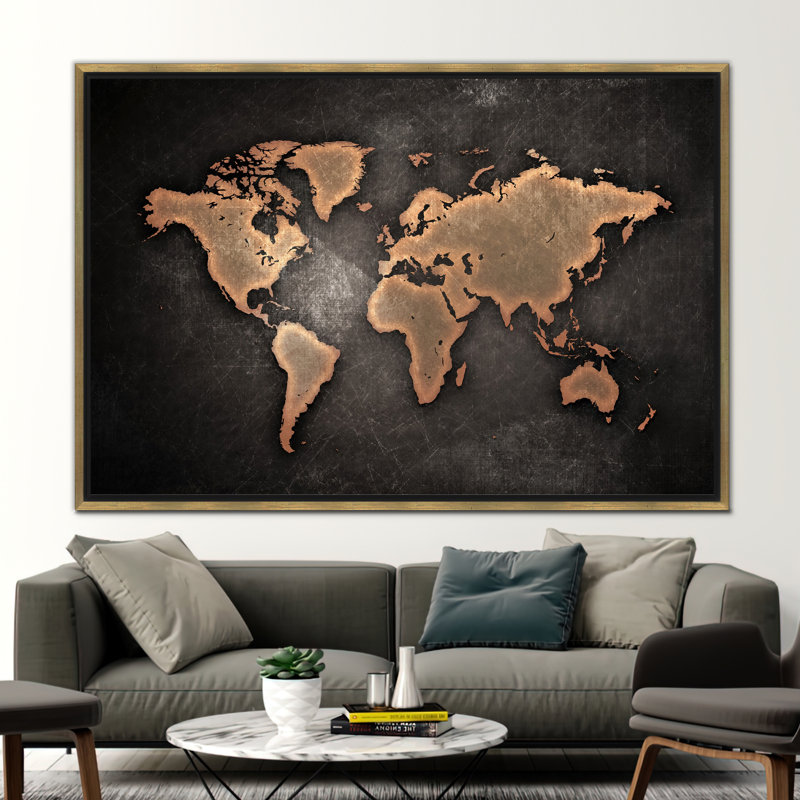 Printed Modern Abstract World Map School Office Wall Art Canvas Poster, 25 cm H x 35 cm W, Framed Print without Mat, Gold