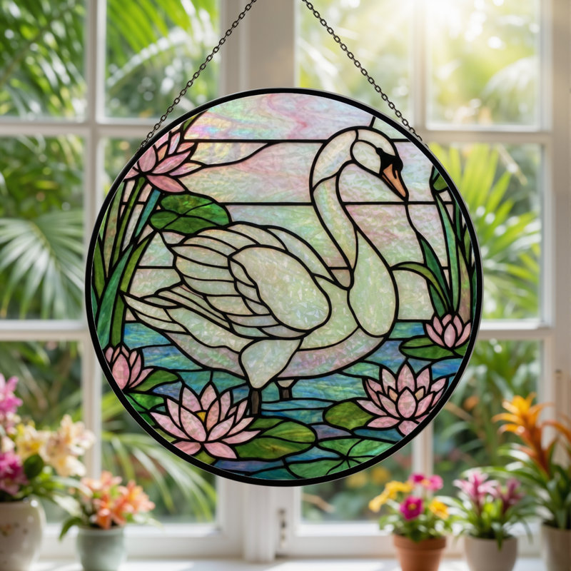 Vitrail vitrail 12 "H Swan Lotus, 12" H x 12" W