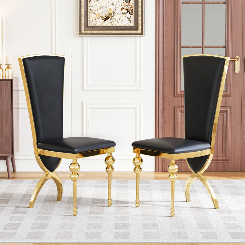 Ensemble de chaises de salle à manger de 43 po de hauteur, pieds de gourde en acier inoxydable doré de luxe moderne, assise rembourrée en cuir de première qualité 
