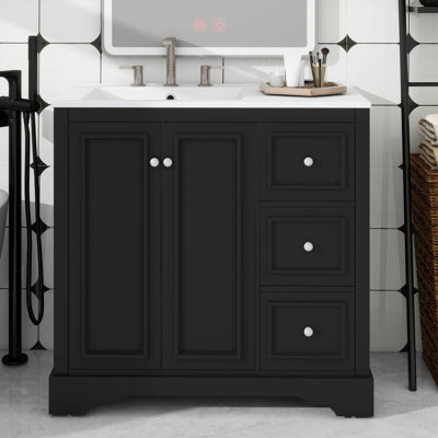 36 Inch Freestanding Bathroom Vanity With Ceramic Sink, 3 Drawers, 2 Doors & Adjustable Shelf