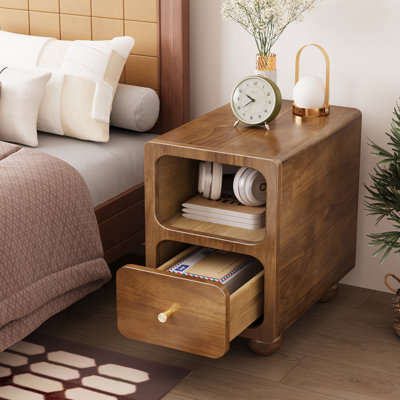 Solid Wood Nightstand, Narrow Night Stand With Drawers, Mid Century Modern Nightstand, Small Beside Table With Open Storage Shelf For Bedroom (12 Inch)