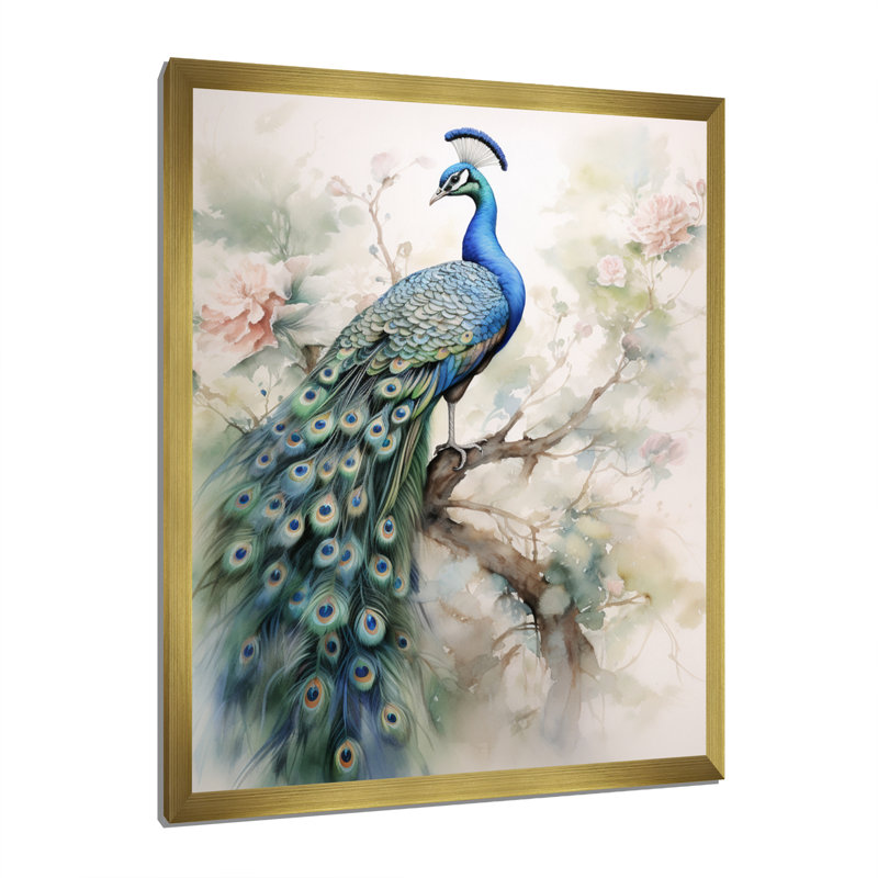 Baldassarre bleu encre délavée paon II - paon grand art mural, H 40 po x l 30 po, Cadre doré simple