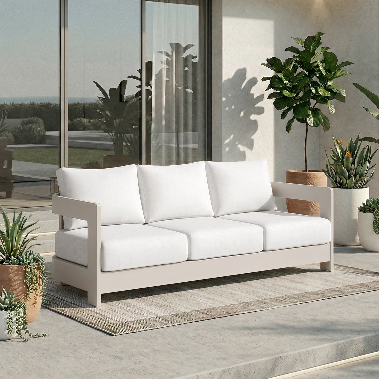 Frances 77" Sunbrella® Patio Sofa, White Cushion/Champagne Frame