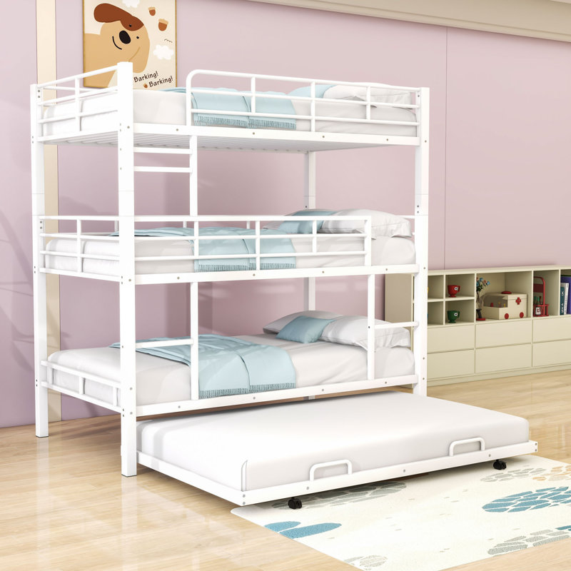 Lit superposé triple en métal robuste avec lit gigogne simple, Blanc