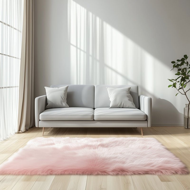 Daruis Faux Sheepskin Fur Shag Washable Rug in Soft Pink, Rectangle 4' x 6'