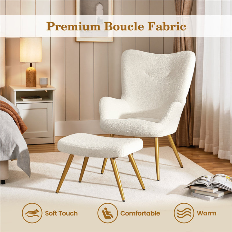 Upholstered Armchair with Footstool, Ivory