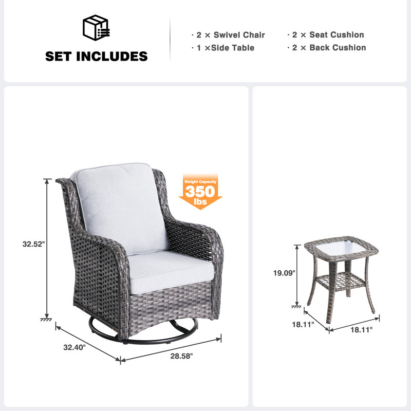 Ensemble de conversation en rotin avec coussins 3 pièces Guillen, Gris, Gris