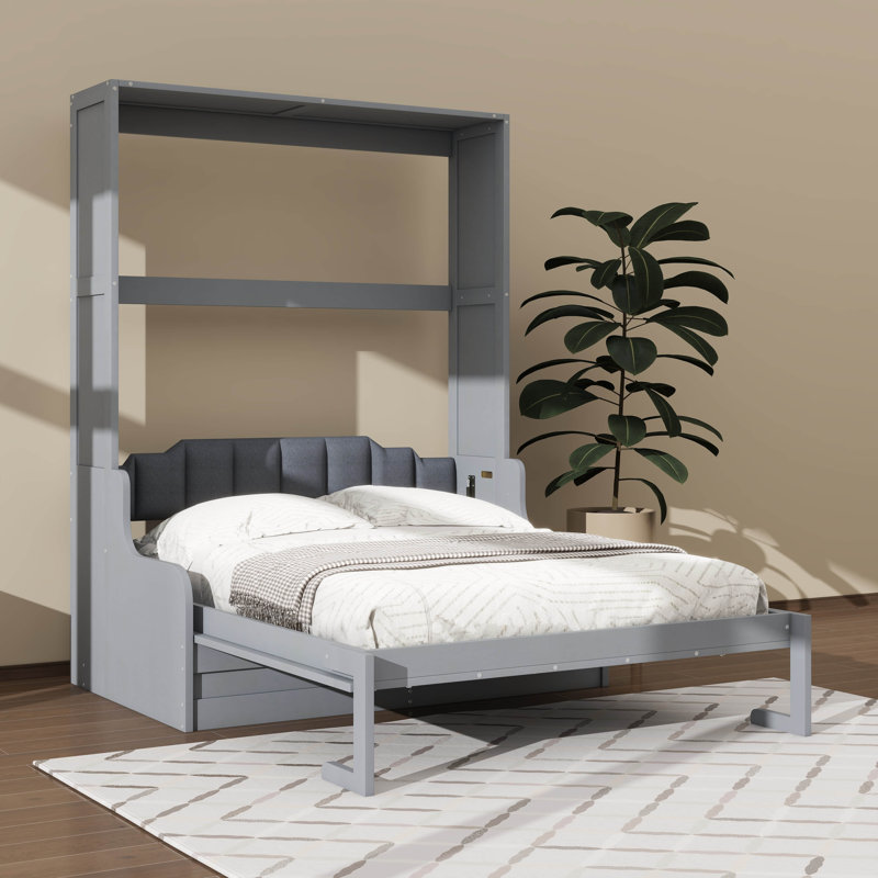 Grand lit escamotable mural avec coussin, structure de lit pliable en bois transformable en canapé, Gris