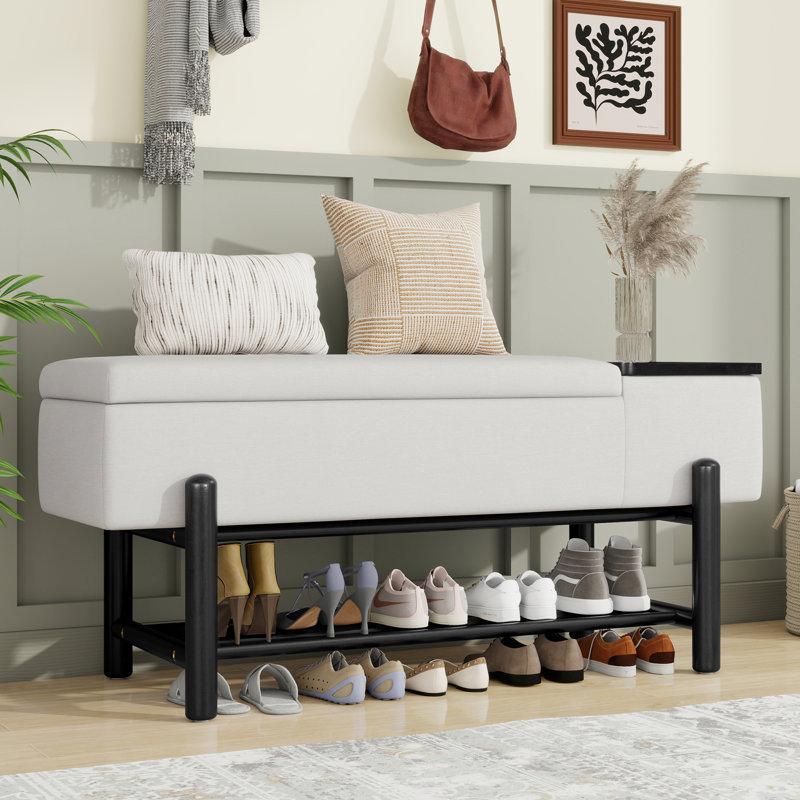Upholstered Storage Bench, Black/Beige