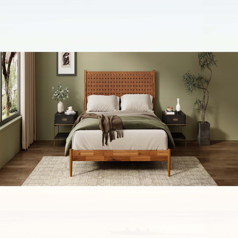 Grand lit plateforme en bois d'acacia avec tête de lit en cuir végétalien tissé à la main, style Mid-Century moderne, aucun sommier requis