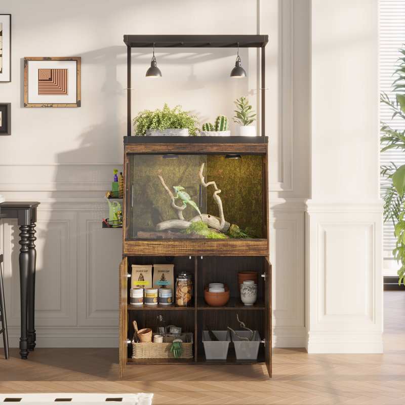 Armoire de terrarium 31,5 po avec portes coulissantes en verre brun, étagère de rangement réglable et support d'éclairage
