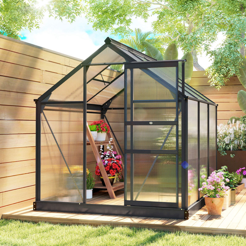 Polycarbonate Greenhouse, Heavy Duty Outdoor Aluminum Walk-In Green House Kit Vent Door, 6.2'X6.2'X6.6' Gray, Gray