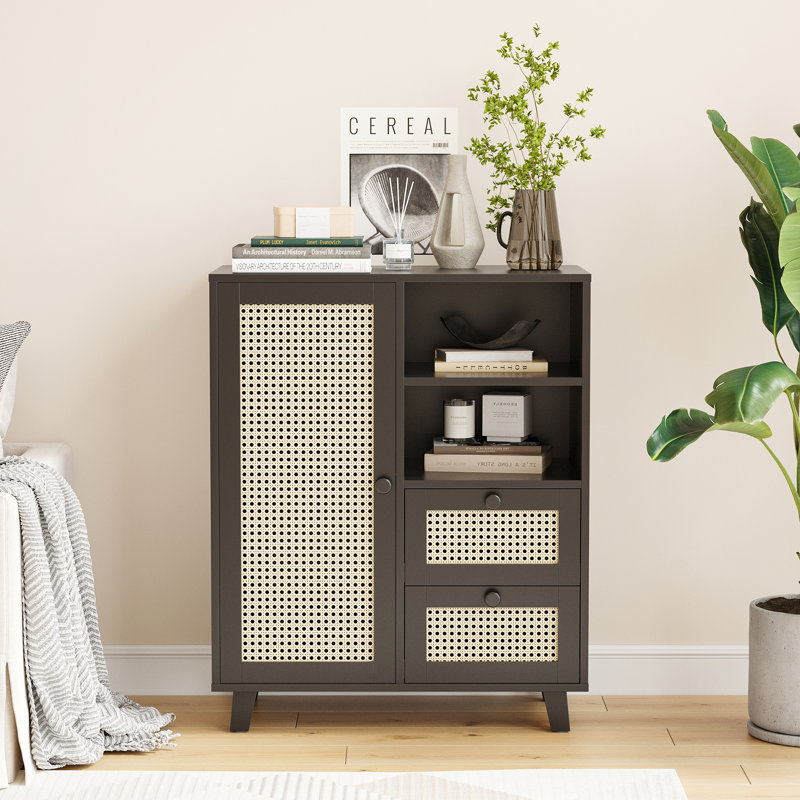 Rattan Accent Cabinet With Adjustable Shelves, Black