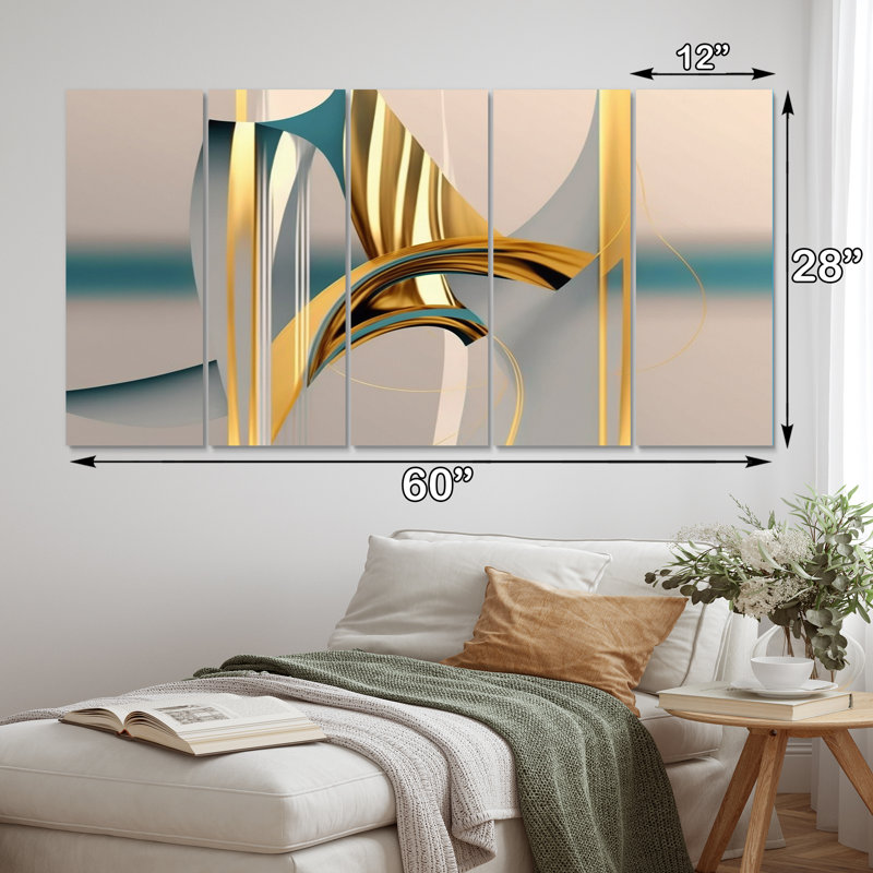 «Minimal Gold Abstraction On Turquoise Horizon III», reproduction de 5 pièces sur toile