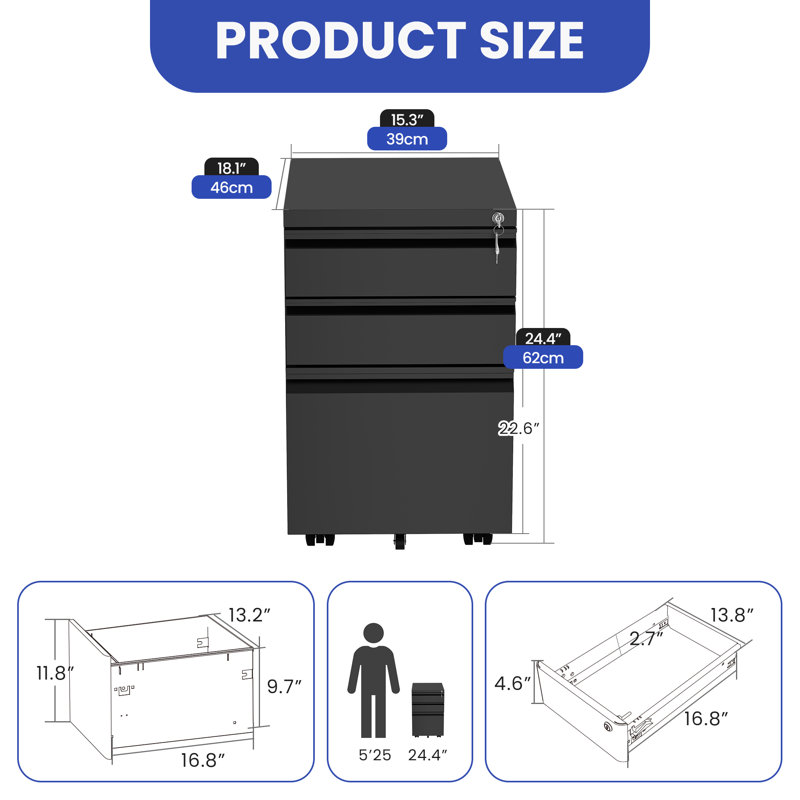 Foranta 15.3'' Wide 3 -Drawer Mobile Steel File Cabinet, Black