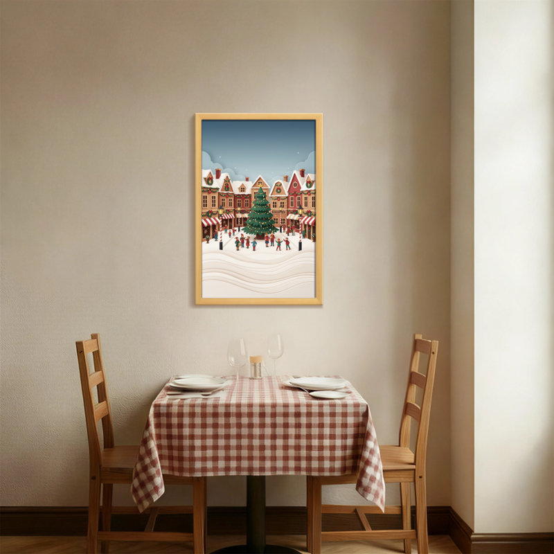 Scène de village de Noël avec un arbre et des gens, H 18 po x l 12 po