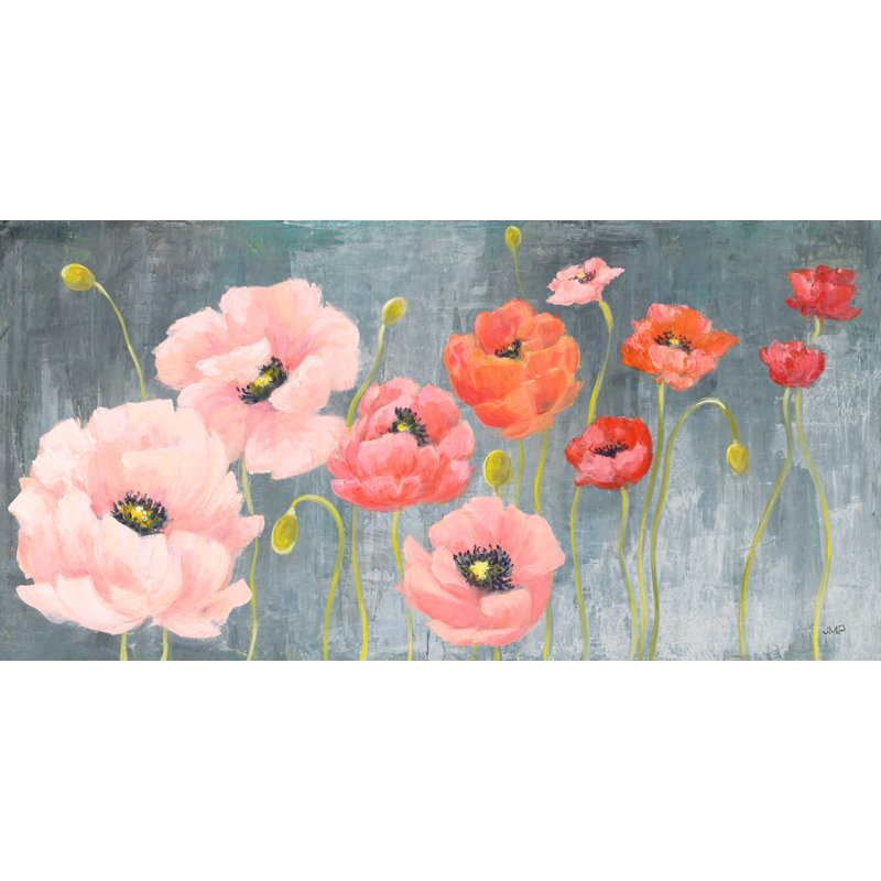 Fleur de coquelicot, coquelicots, rose, rouge, floral, sur fond gris, orange, noir, H 24 po x l 48 po x P 1,5 po