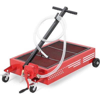 25 Gallon Oil Drain Pan with Manual Rotary Pump, Low Profile Rolling Fluid Drain Cart for Automotive Maintenance