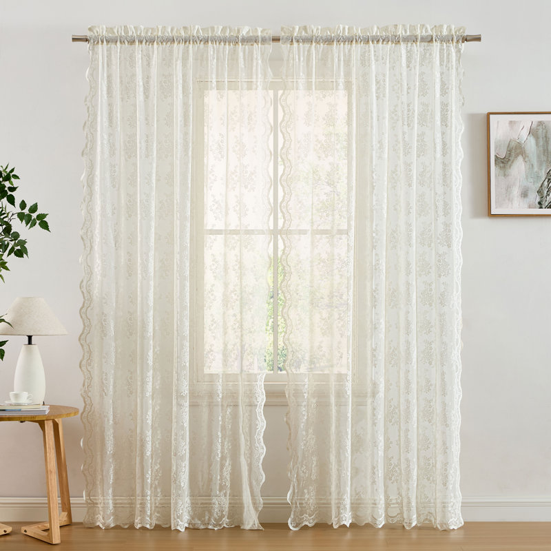 Palomares Floral Soft Decorative Lace Semi Sheer Light Filtering Rod Pocket Window Treatment Curtain, Ivory, 54" W x 84" L