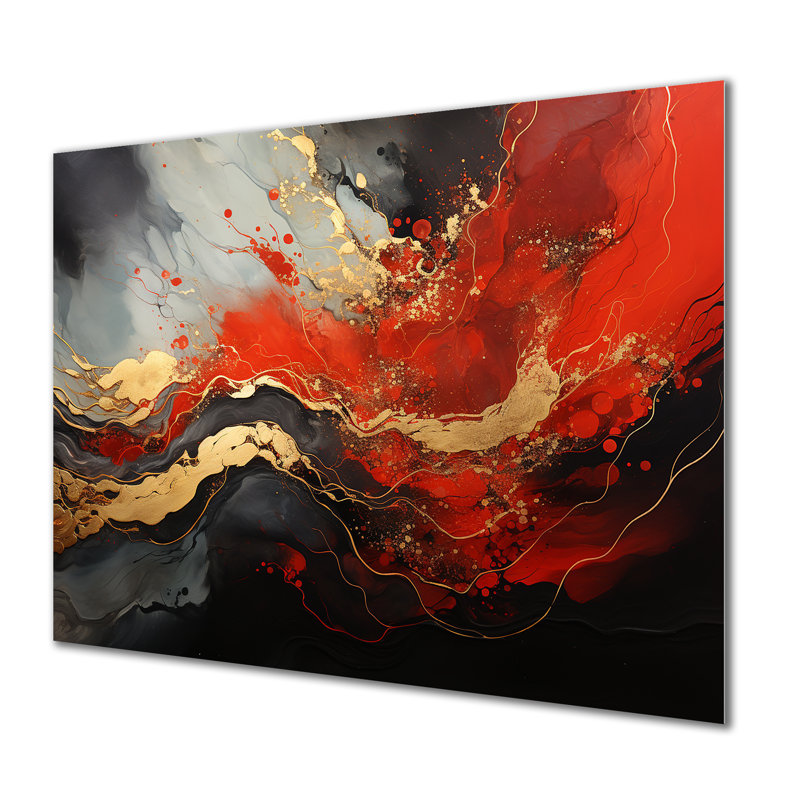 Rouge et or feu de marbre I - art mural abstrait en métal MT137134, H 24 po x l 32 po x P 1 po