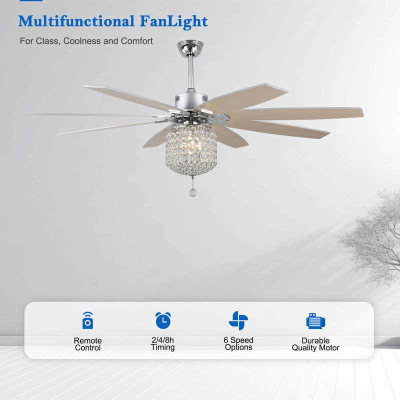 65" Large Vintage Crystal Ceiling Fan with Lught and Remote Chorme Finish, 8 Wood Blades Quiet DC Motor 6 Speeds