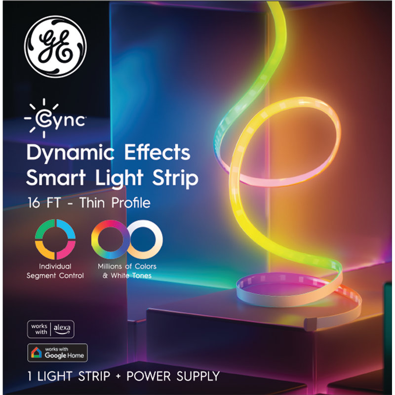 GE Cync Dynamic Effects Smart Light Strip with Music Sync, 16ft + Power Supply