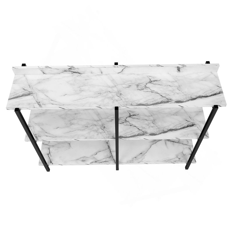 Accent Table, Console, Entryway, Narrow, Sofa, White Marble Look Laminate, Black Metal, Black