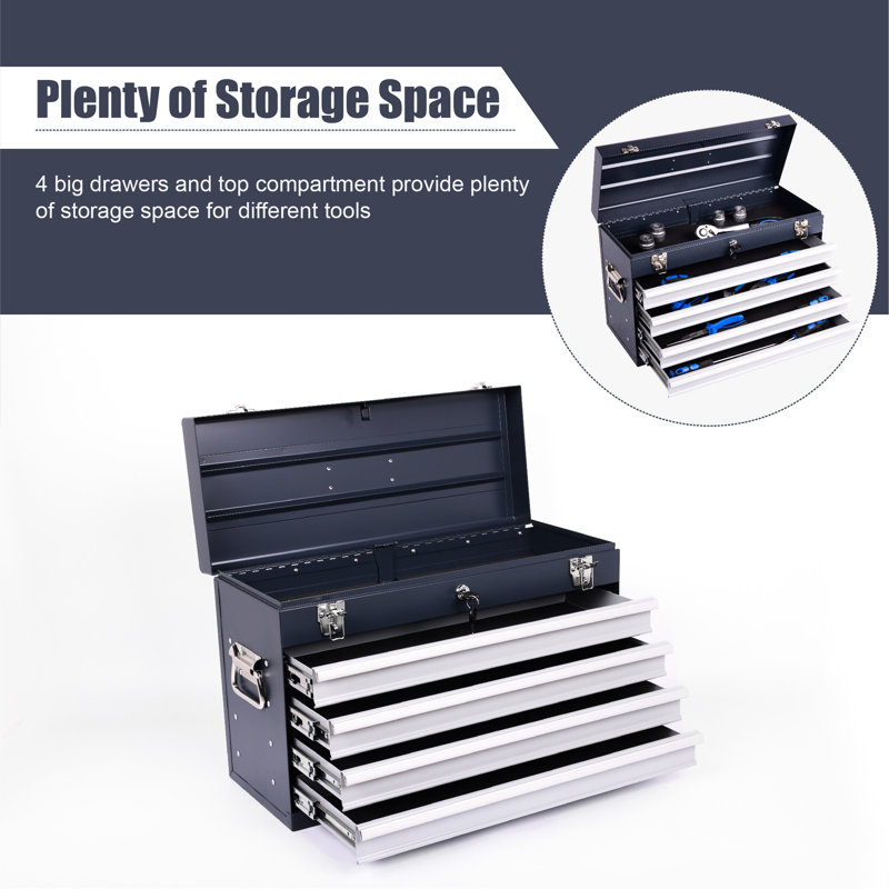 Portable Metal Tool Box 21-Inch With 4 Drawers, Bearing Slide System, And Powder Coated Surface For Clean Storage Smooth Slide, , Padding Protection During Transport