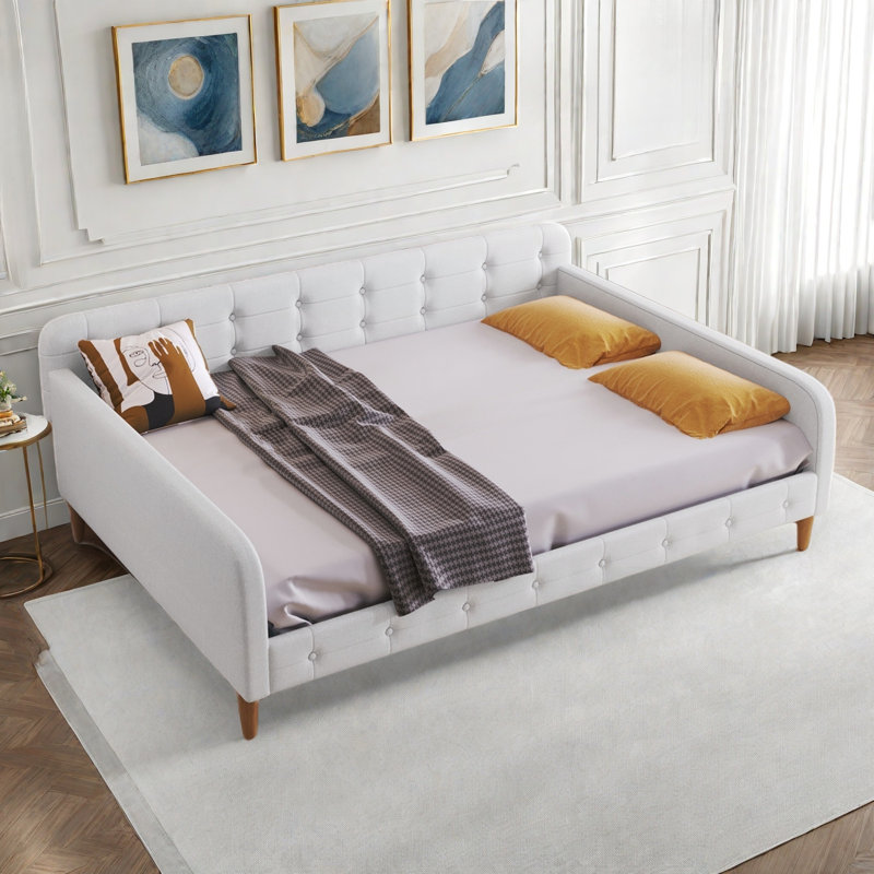 Modern Upholstered Daybed With 4 Support Legs And Button Tufted Design, Beige, Full/Double