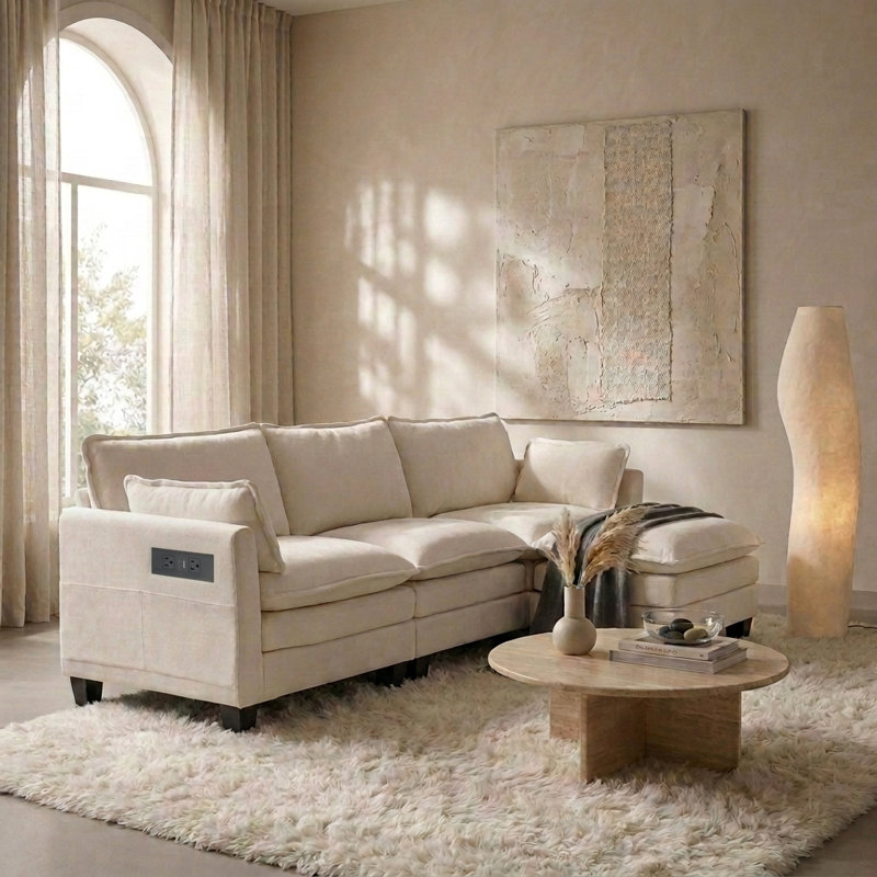 Modern Modular Sectional Sofa Set 3-Seater Living Room Couch with Individual Matching Ottoman Built-In USB Charging Ports and Side Storage Pockets