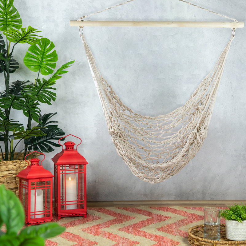 Ivory Cotton Macrame Hanging Hammock Chair with Wooden Bar