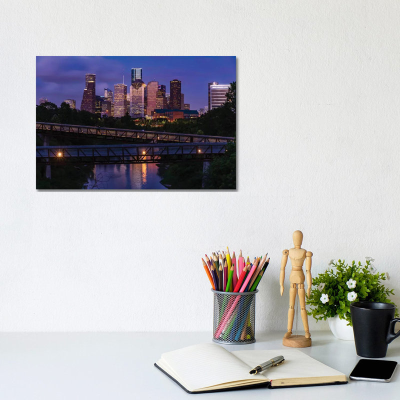 Elevated Walkway Over Buffalo Bayou At Night With Downtown Skyline In Background, Houston, Texas, USA by Panoramic Images - Wrapped Canvas Gallery-Wrapped Canvas Giclée